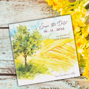 Chic Bright Yellow Farmland Landscape Wedding  Announcement