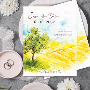 Chic Bright Yellow Farmland Landscape Wedding  Announcement Postcard