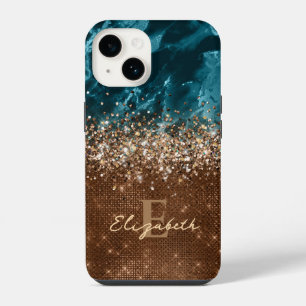 Chic Bronze Turquoise Glitter Marble monogram iPhone 14 Case