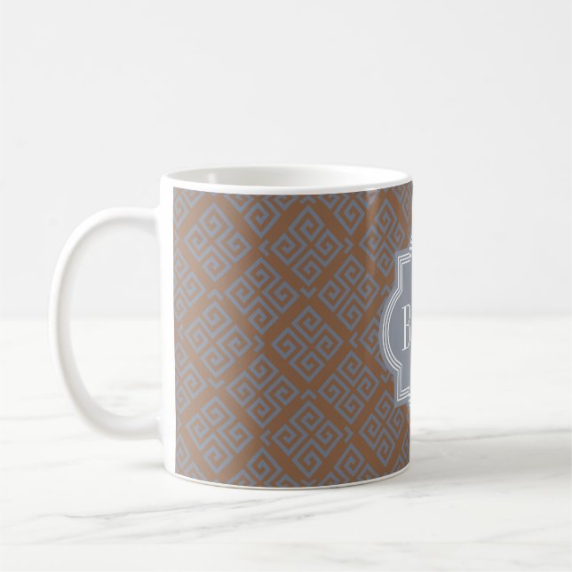 Chic brown abstract geometric pattern monogram coffee mug (Left)