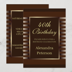 Chic Brown And Gold Stripes Geometric Birthday Invitation