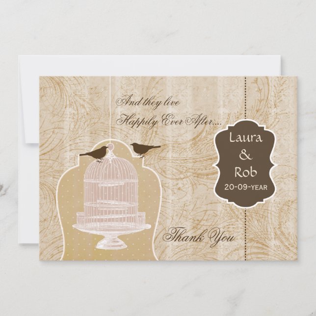 Chic brown bird cage, love birds Thank You Invitation (Front)