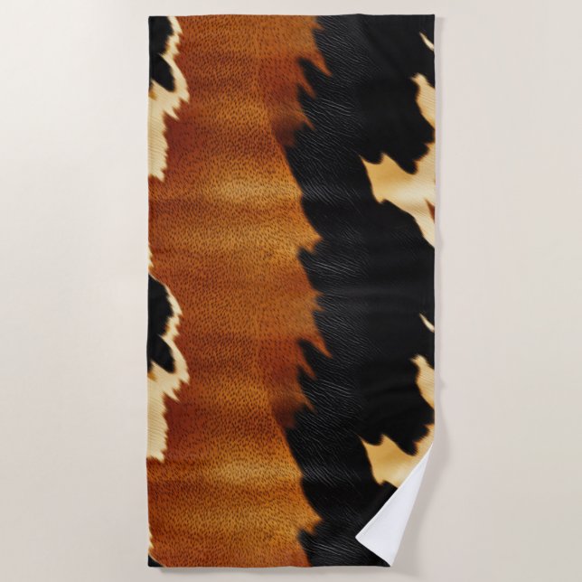 Chic Brown Black Cream Western Cowhide  Beach Towel (Front)