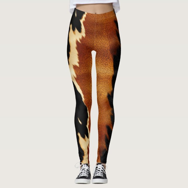 Chic Brown Black Cream Western Cowhide  Leggings (Front)