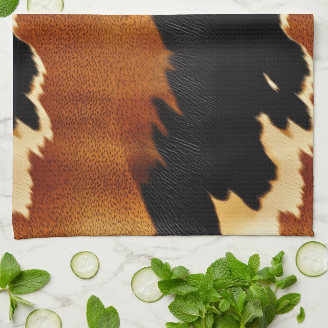 Chic Brown Black Cream Western Cowhide  Tea Towel (Folded)