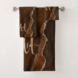 Chic Brown Blush Glitter Agate Custom Monogram  Bath Towel Set