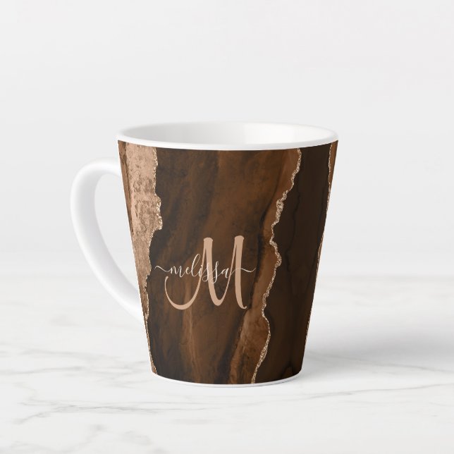 Chic Brown Blush Glitter Agate Custom Monogram Latte Mug (Left Angle)
