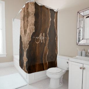Chic Brown Blush Glitter Agate Custom Monogram Shower Curtain