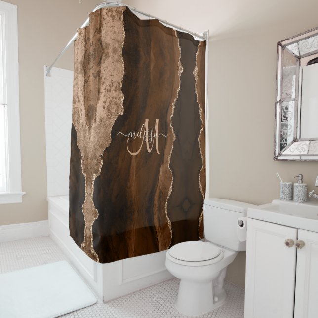 Chic Brown Blush Glitter Agate Custom Monogram Shower Curtain (In Situ)