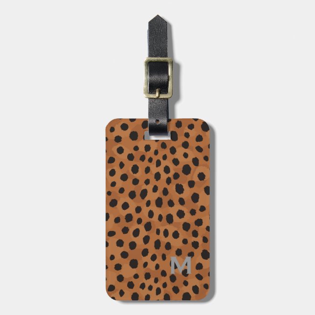 Chic brown cheetah print monogram luggage tag (Front Vertical)