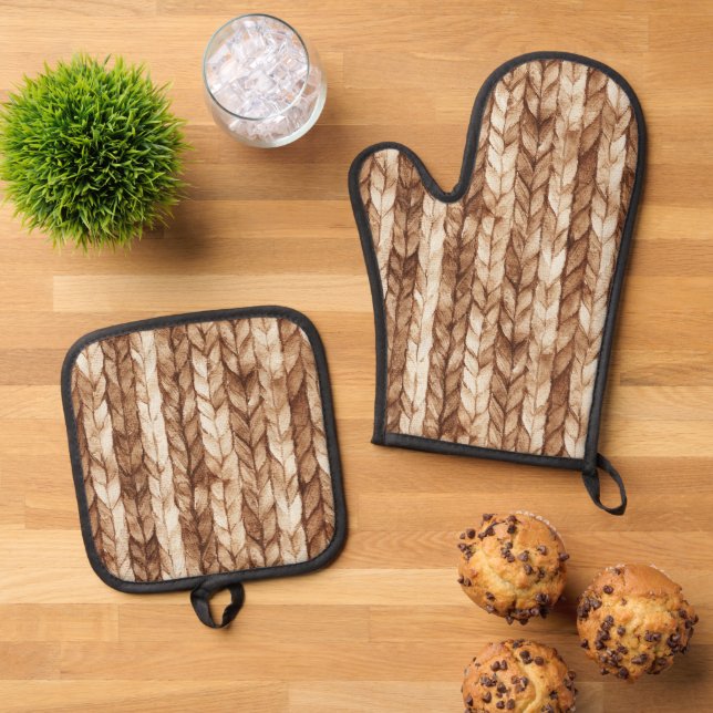 Chic Brown Cream Faux Woven Stripes Oven Mitt & Pot Holder Set (Top Down)