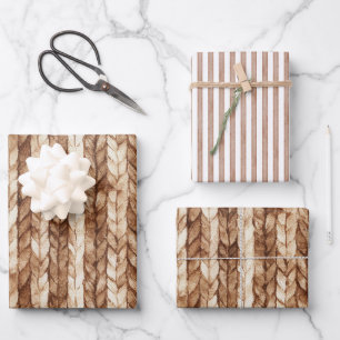 Chic Brown Cream Faux Woven Stripes Wrapping Paper Sheet