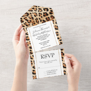 Chic Brown Cream Leopard Wedding All In One Invitation