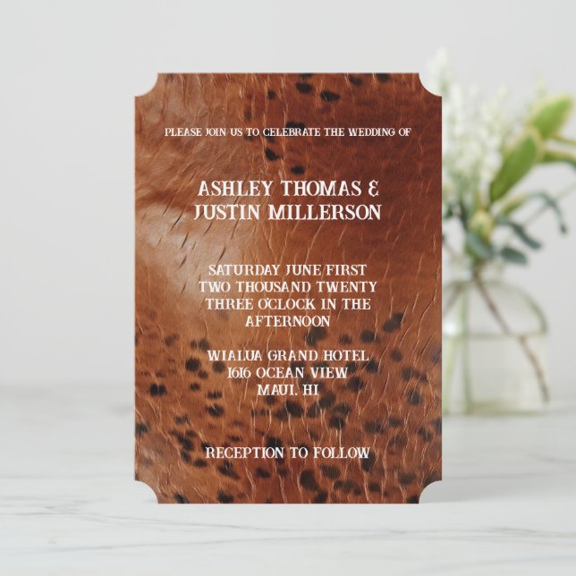 Chic Brown Faux Leather Wedding Invitation (Standing Front)