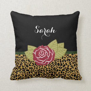 Chic Brown Gold Leopard Print Red Rose With Name Cushion
