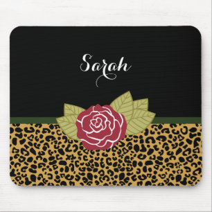Chic Brown Gold Leopard Print Red Rose With Name Mouse Mat