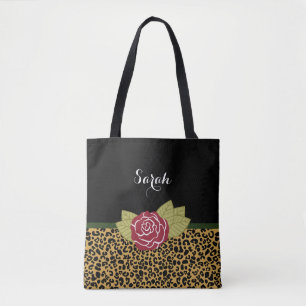 Chic Brown Gold Leopard Print Red Rose With Name Tote Bag