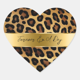 Chic Brown Gold Leopard Wedding Heart Sticker