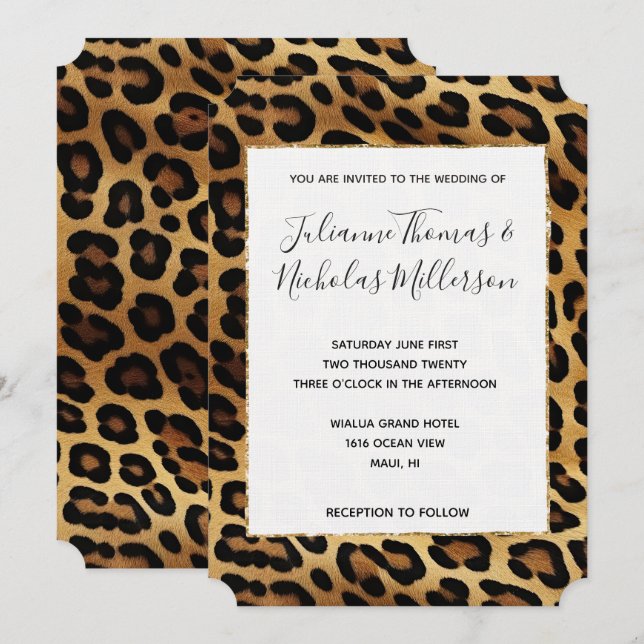 Chic Brown Gold Leopard Wedding Invitation (Front/Back)