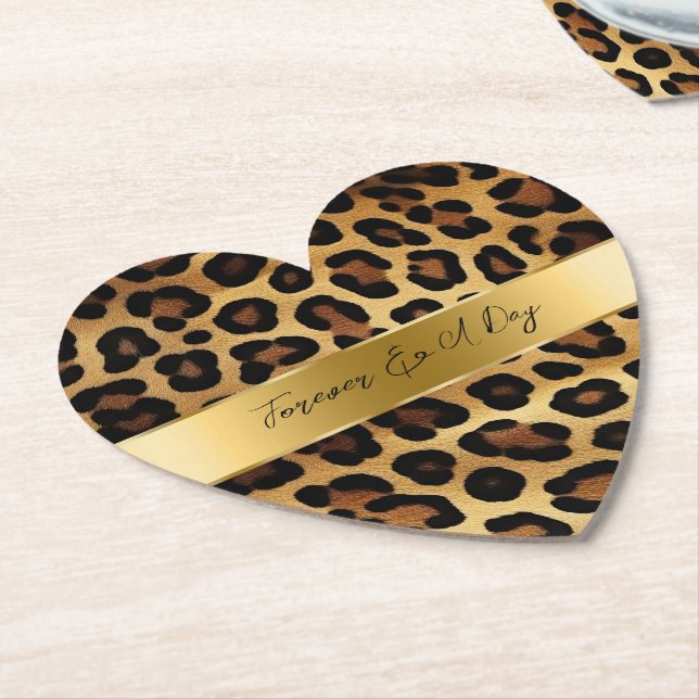 Chic Brown Gold Leopard Wedding Paper Coaster (Angled)