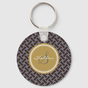 Chic brown greek key geometric patterns monogram key ring