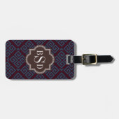 Chic brown greek key geometric patterns monogram luggage tag (Front Horizontal)