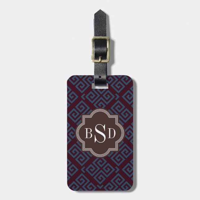Chic brown greek key geometric patterns monogram luggage tag (Front Vertical)