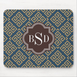 Chic brown greek key geometric patterns monogram mouse mat
