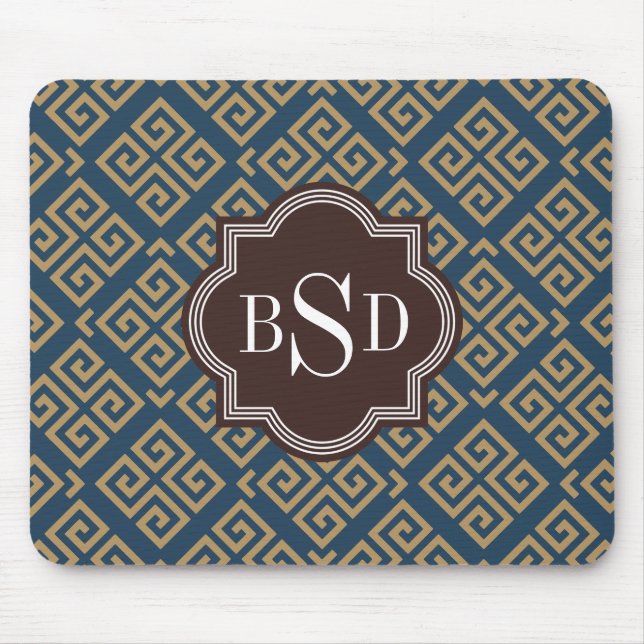 Chic brown greek key geometric patterns monogram mouse mat (Front)