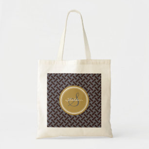 Chic brown greek key geometric patterns monogram tote bag