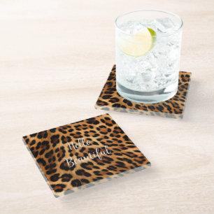 Chic Brown Leopard Print  Glass Coaster
