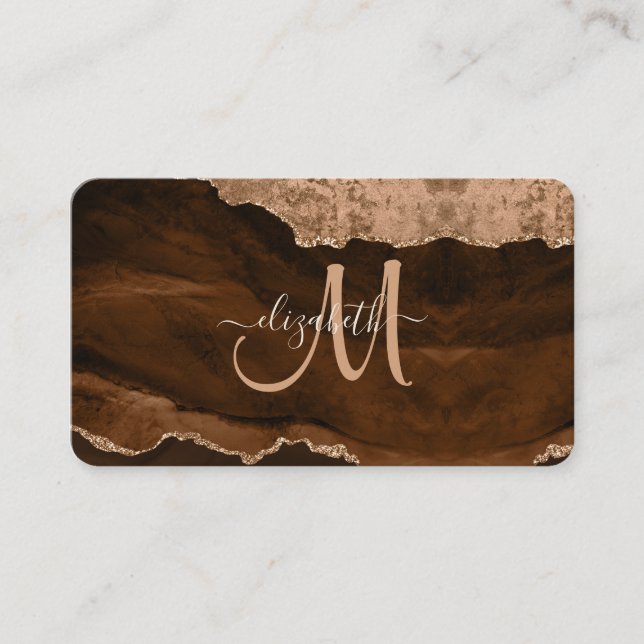 Chic Brown Rose Gold Glitter Agate Custom Monogram Business Card (Front)