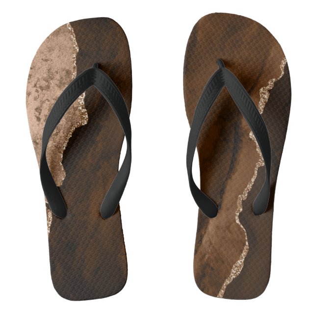 Chic Brown Rose Gold Glitter Agate Custom Monogram Flip Flops (Footbed)