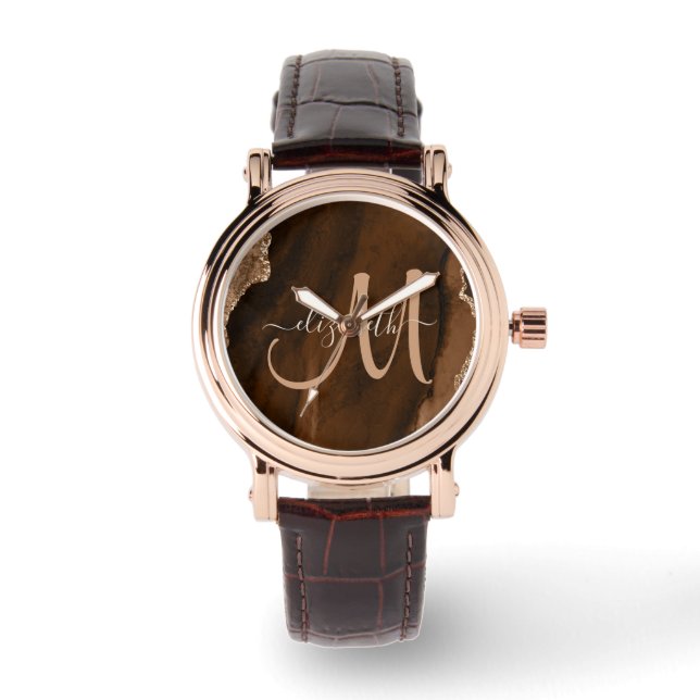 Chic Brown Rose Gold Glitter Agate Custom Monogram Watch (Front)