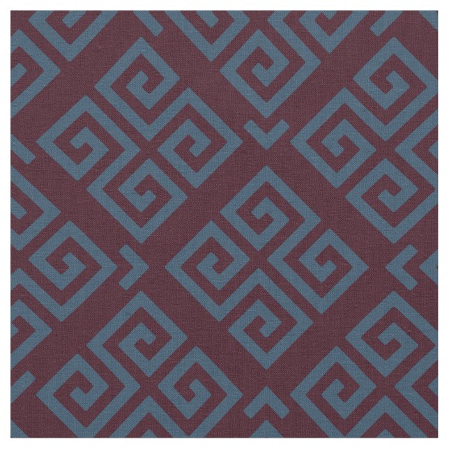 Chic brown teal greek key geometric patterns fabric (Close Up)
