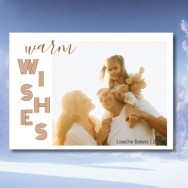 Chic Brown Warm Wishes Two Beach Family Photo  Holiday Card (Creator Uploaded)