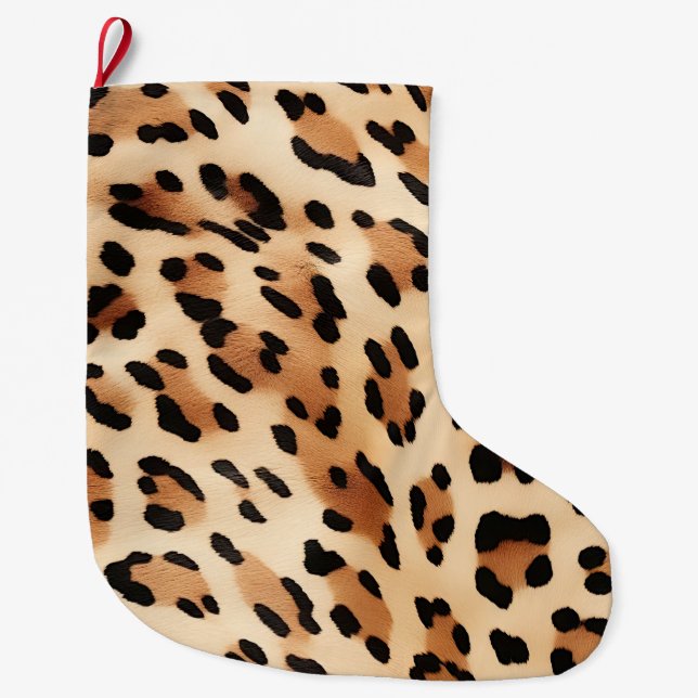 Chic Brown White Leopard Print Large Christmas Stocking (Front)