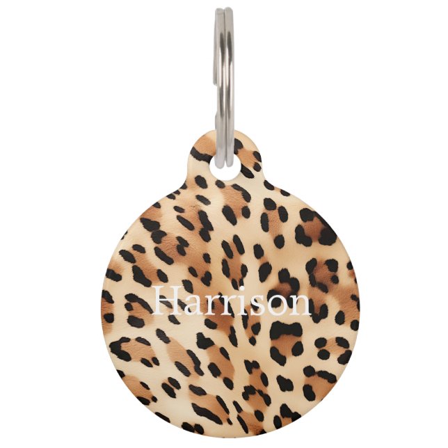 Chic Brown White Leopard Print Pet Tag (Front)