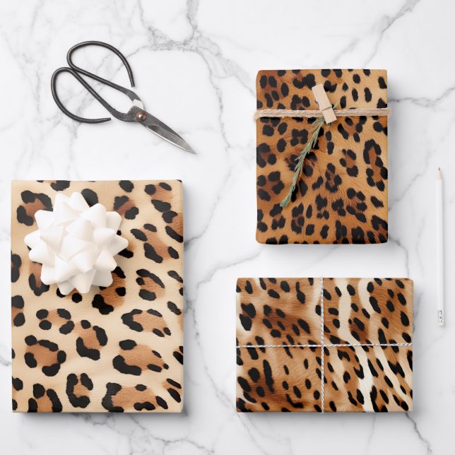 Chic Brown White Leopard Print Wrapping Paper Sheet (Front)