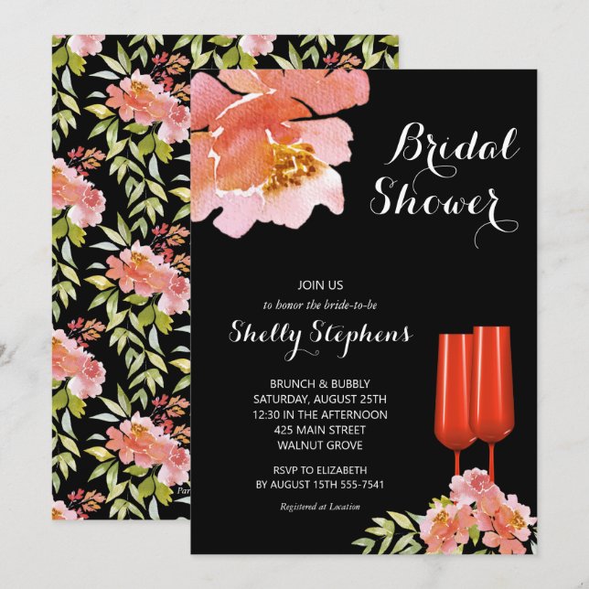 Chic Brunch and Bubbly Floral Invitations (Front/Back)