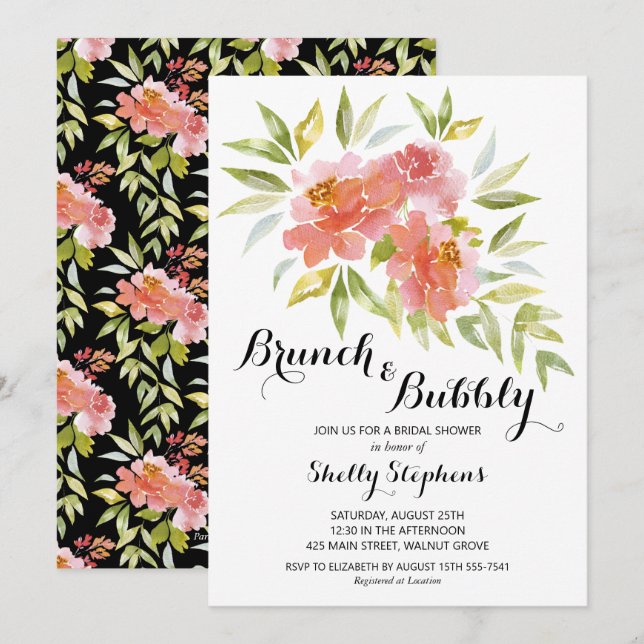 Chic Brunch and Bubbly Floral Invitations (Front/Back)