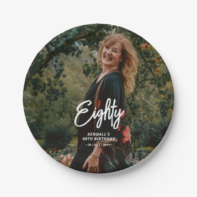 Chic Brush Script Custom Photo Birthday Party Paper Plate (Front)