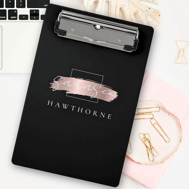 Chic Brush Stroke Black Faux Rose Gold Monogram Mini Clipboard (Creator Uploaded)
