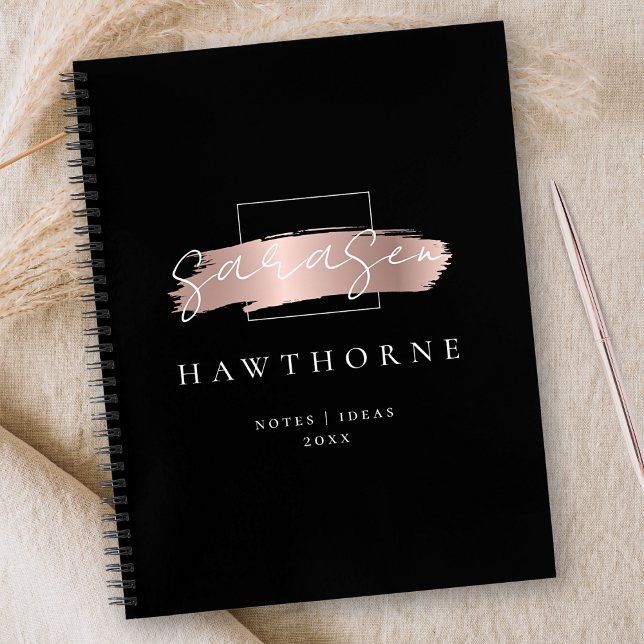 Chic Brush Stroke Black Faux Rose Gold Monogram Notebook (Creator Uploaded)