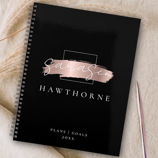 Chic Brush Stroke Black Faux Rose Gold Monogram Planner (Creator Uploaded)