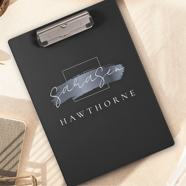 Chic Brush Stroke Black Faux Silver Grey Monogram Clipboard (Creator Uploaded)