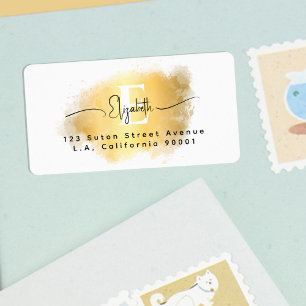 Chic Brush Stroke Gold White Monogram Black Script Label