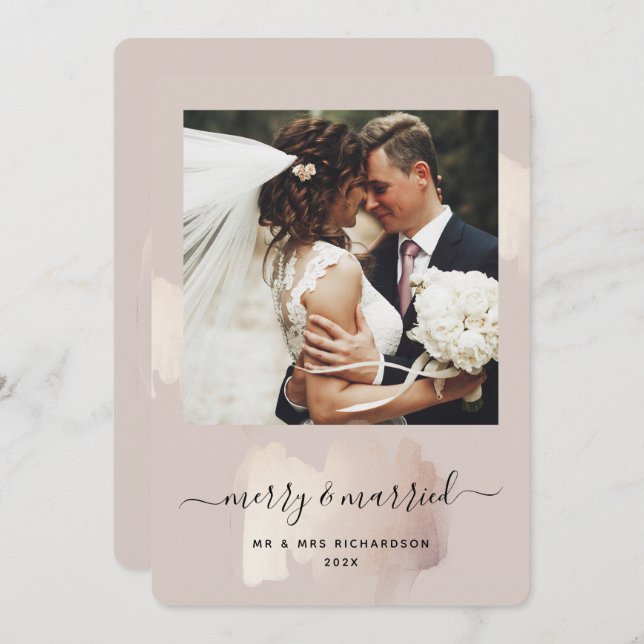 Chic Brush Stroke | Merry and Married Photo Holiday Card (Front/Back)