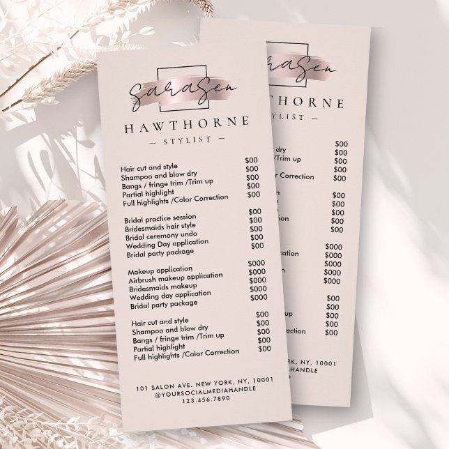 Chic Brush Stroke Salon Price List Service Elegant Rack Card (Creator Uploaded)