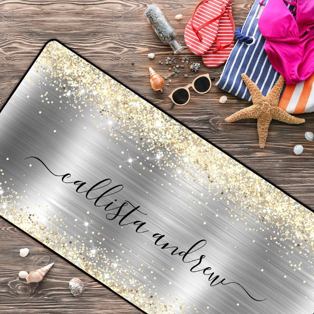 Chic brushed metal silver gold faux glitter desk mat (Creator Uploaded)